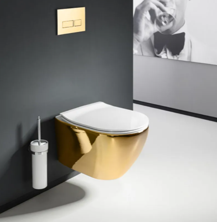 Rea WC - CARLO RIMLESS WHITE/GOLD SO SEDÁTKOM DUROPLAST/FLAT/KP ZÁVESNÁ MISA, zlatá/biela keramická REA-C0669