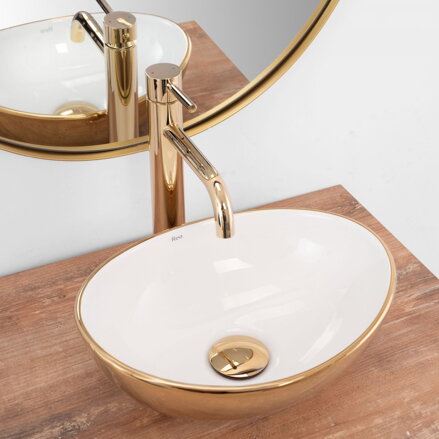 Rea SOFIA MINI WHITE/GOLD UMÝVADLO NA DOSKU, 34 cm, lesklé keramické REA-U6334