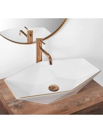 Rea VEGAS WHITE/ROSE-GOLD EDGE UMÝVADLO NA DOSKU, 57 cm, keramické REA-U5605