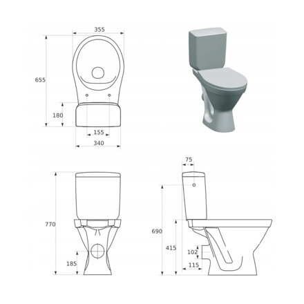 Cersanit CERSANIA WC MISA STOJACA, Simple On + sedátko SLIM duroplast, zadný odpad 3/6 l, biele keramické K11-2339