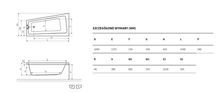 Excellent AVA SIDE VAŇA ROHOVÁ ASYMETRICKÁ 150x80,5 pravá, biela akrylátová WAEX.AVP15WH