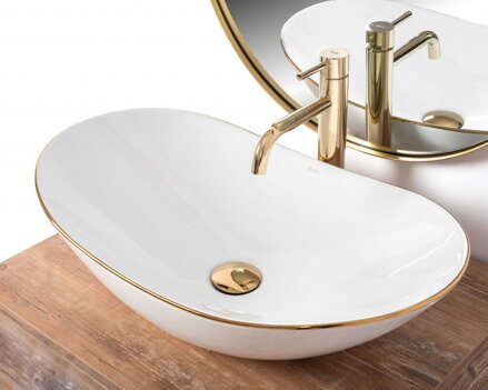 Rea ROYAL GOLD EDGE UMÝVADLO NA DOSKU, 62,5 cm, bielo-zlaté keramické REA-U8570
