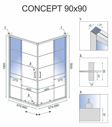 Rea CONCEPT ŠTVORCOVÝ SPRCHOVÝ KÚT 90x90, čierny, sklo číre REA-K5478