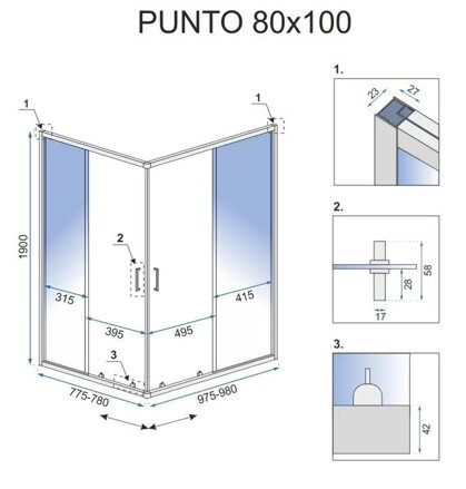 Rea PUNTO OBDĹŽNIKOVÝ SPRCHOVÝ KÚT 80x100, chróm REA-K1889