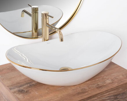 Rea ROYAL GOLD EDGE UMÝVADLO NA DOSKU, 62,5 cm, bielo-zlaté keramické REA-U8570