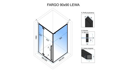 Rea FARGO BLACK/FG90U BLACK ŠTVORCOVÝ SPRCHOVÝ KÚT 90x90, čierny, sklo číre REA-K6318