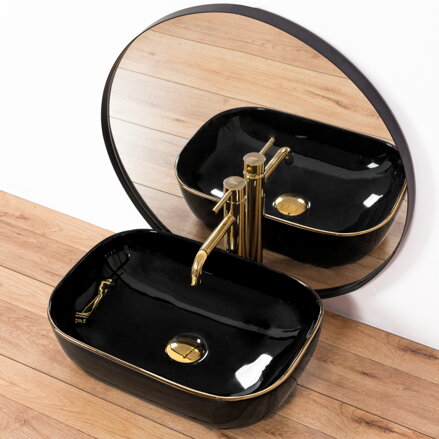 Rea BELINDA BLACK/GOLD EDGE UMÝVADLO NA DOSKU 46,5cm, čierne keramické REA-U8796