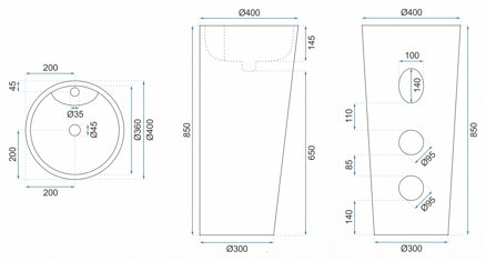 Rea BLANKA BLACK UMÝVADLO VOĽNE STOJACE 40cm, čierne keramické REA-U6635