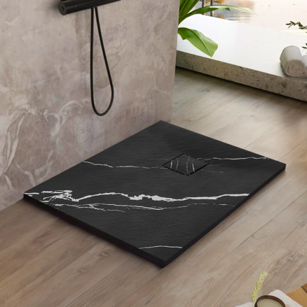 Rea MAGNUM CARRARA BLACK ŠTVORCOVÁ SPRCHOVÁ VANIČKA 90x90, imitácia mramoru REA-K7008