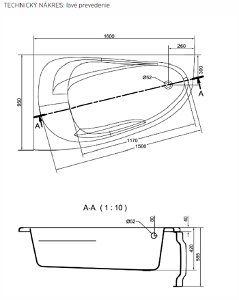 Cersanit JOANNA NEW 160x95 VAŇA ASYMETRICKÁ ĽAVÁ + nožičky, biela S301-170