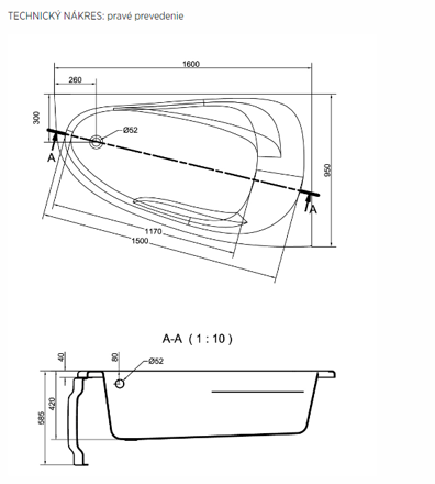Cersanit JOANNA NEW 160x95 VAŇA ROHOVÁ ASYMETRICKÁ PRAVÁ + nožičky, biela S301-169
