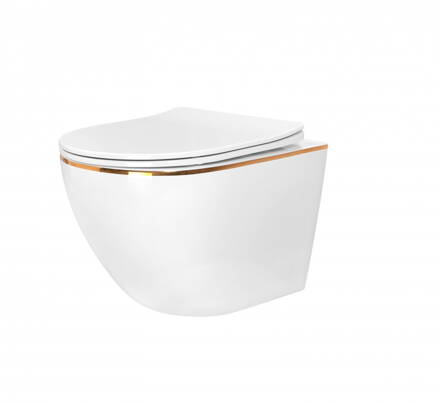Rea WC - CARLO MINI RIMLESS SO SEDÁTKOM DUROPLAST/FLAT/ZM MISA ZÁVESNÁ, biela/zlatá keramická REA-C1222